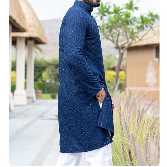 Blue Traditional Chikankari Mens Desi Kurta - Picture 2 of 6